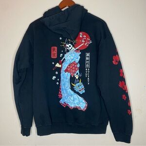 Riot Society Black Samurai Japanese Hoodie Skull Cherry Blossom Size M - E26